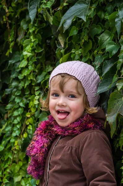 Sevimli küçük kız çocuğu ile yabani üzüm güneşli bir duvarının yakınında oynama ve keyfi mutluluk sonbahar günü ayakta