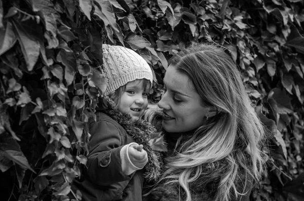 Mamá juega con su hija en un fondo de hojas de vid verde día de otoño soleado — Foto de Stock
