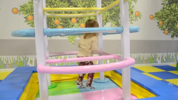 Little girl child playing on the carousel at an amusement park — Stock Video