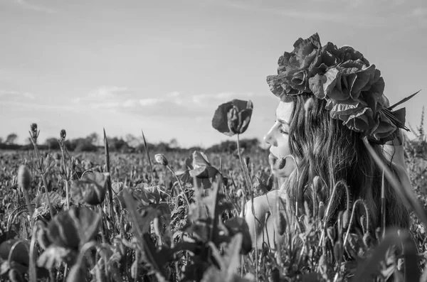 Ritratto di una giovane bella ragazza in un campo di papaveri con una corona di papaveri in testa in una calda giornata di sole estiva — Foto Stock