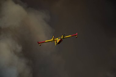 Roma, İtalya - Temmuz 2017:Firefighting uçak acil bir durumda, bir doğal afet sırasında bir yangın söndürmek ve bir felaket Ostia ortadan kaldırmak tiren Denizi'nde su toplar