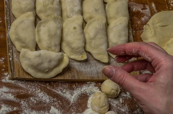 Hands Woman Cook Cooked Table Flour Dough Make Vareniki — Stock Photo, Image