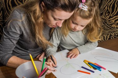 Genç güzel anne kızıyla birlikte çizmek ile renkli kalemler kağıt üzerinde mutlu bir aile