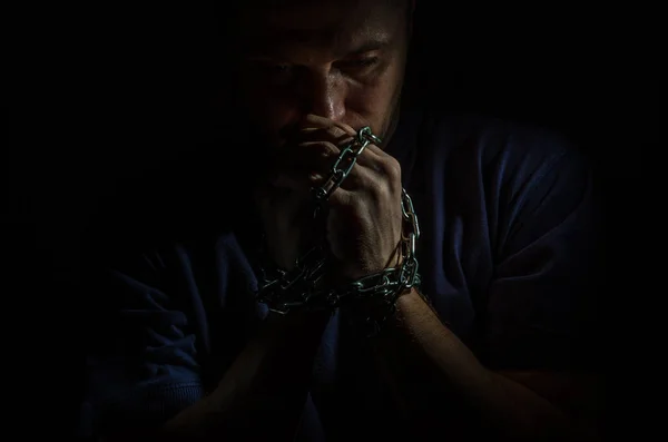 Repented Man Prisoner His Hands Shackled Chains Dark Background — Stock Photo, Image