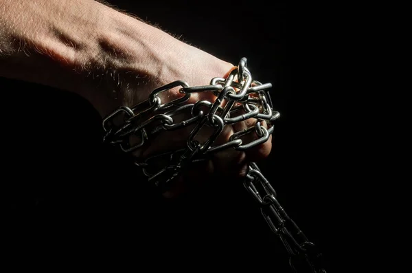 Hands Chained Chains Isolated Black Background — Stock Photo, Image
