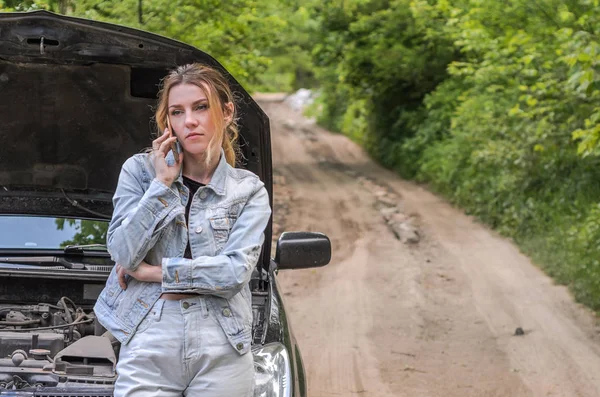 Young Girl Broke Car Road She Opened Hood Called Phone Stock Image