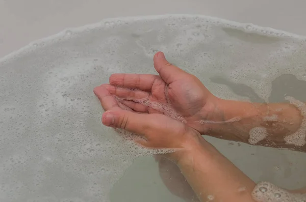 Hands Child Soapy Foam Water While Bathing Bathroom — 스톡 사진