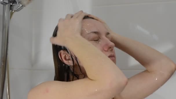 Young Charming Sexy Girl Takes Shower Bathroom — Stock Video
