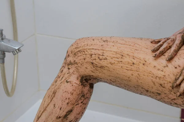 Young Charming Sexy Girl Makes Coffee Foot Scrub Bathroom — Stock Photo, Image