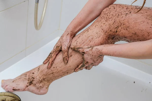 Young Charming Sexy Girl Makes Coffee Foot Scrub Bathroom — Stock Photo, Image