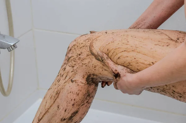 Young Charming Sexy Girl Makes Coffee Foot Scrub Bathroom — Stock Photo, Image