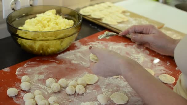 Vrouw Koken Beeldhouwt Knoedels Van Bloem Deeg Met Aardappelen — Stockvideo