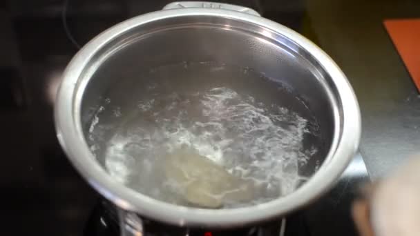 Knödel Werden Kochendem Wasser Einer Pfanne Auf Einem Induktionsherd Gekocht — Stockvideo