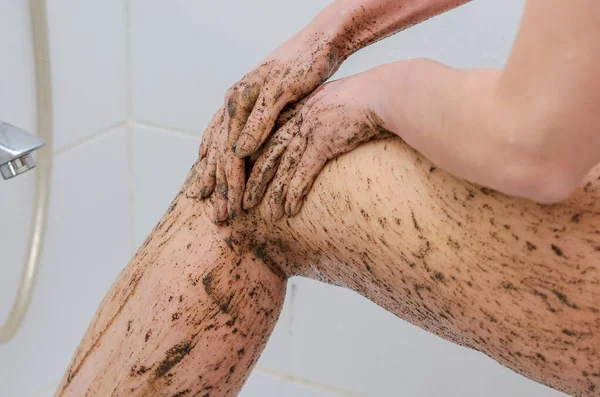 Young Charming Sexy Girl Makes Coffee Foot Scrub Bathroom — Stock Photo, Image