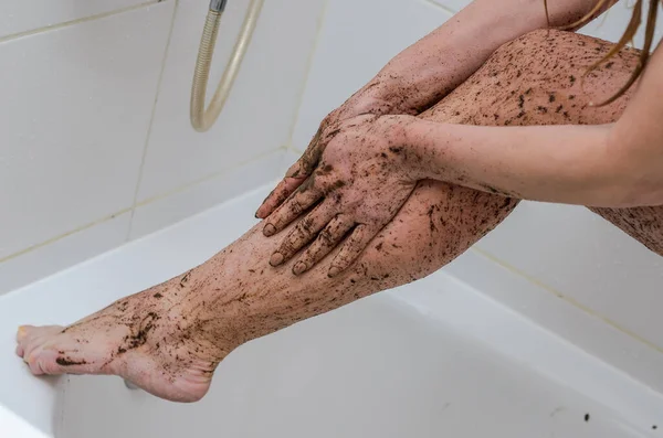 Young Charming Sexy Girl Makes Coffee Foot Scrub Bathroom — Stock Photo, Image