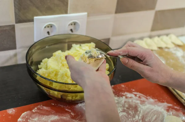 Woman Cook Sculpts Dumplings Flour Dough Potatoes — Stock Photo, Image