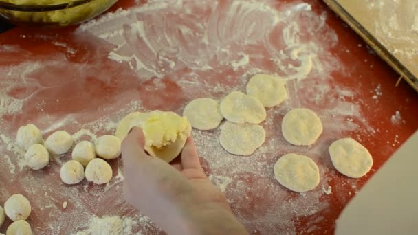女性はジャガイモと小麦粉生地から彫刻餃子を調理します — ストック動画