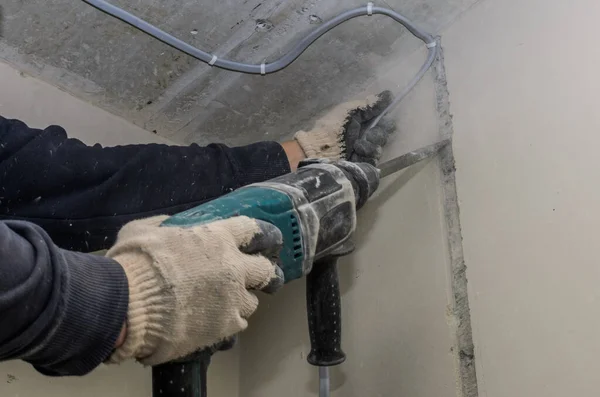 Worker Breaks Concrete Wall Perforator Chisel — Stock Photo, Image