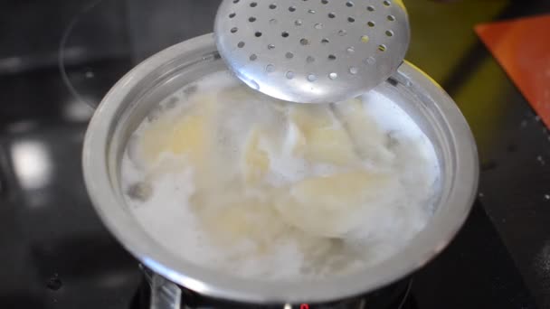 Dumplings Worden Gekookt Kokend Water Een Pan Een Inductiekachel — Stockvideo