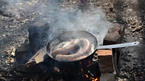 Mężczyzna Smaży Grillowane Kiełbaski Patelni Nad Ogniem Lesie Pikniku — Wideo stockowe