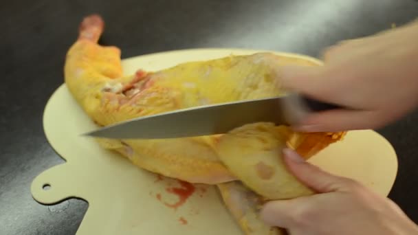 Шеф Режет Сырую Курицу Ножом — стоковое видео