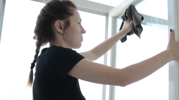 Genç Bir Kadın Pencereyi Paçavrayla Temizliyor — Stok video
