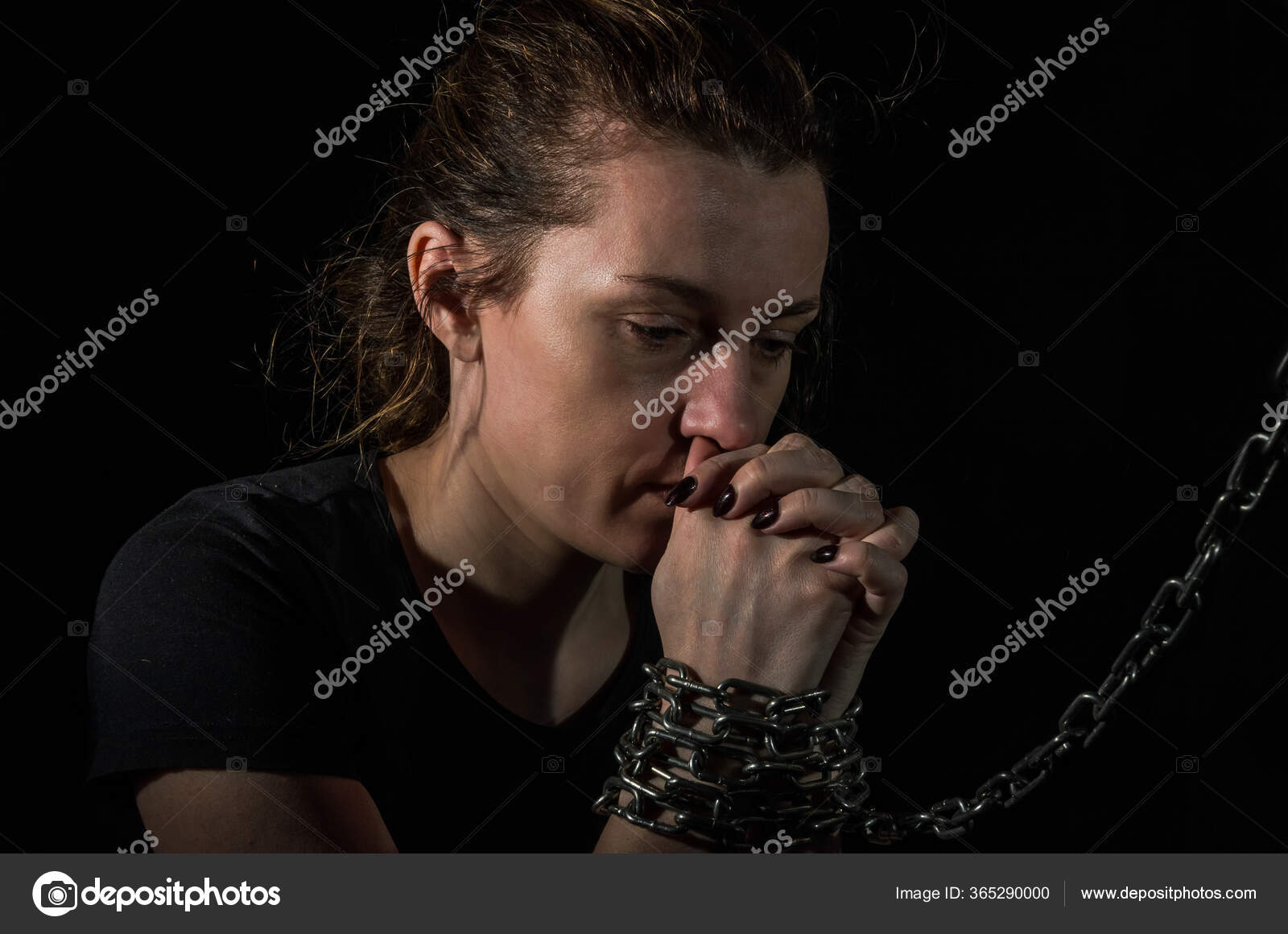 Young Woman Blindfolded Chains Breaks Out Them Black Background Stock ...