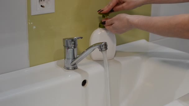 Woman Washes Hands Liquid Antibacterial Soap Washbasin — Stock Video