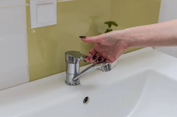 Woman Washes Hands Liquid Antibacterial Soap Washbasin — Stock Photo, Image