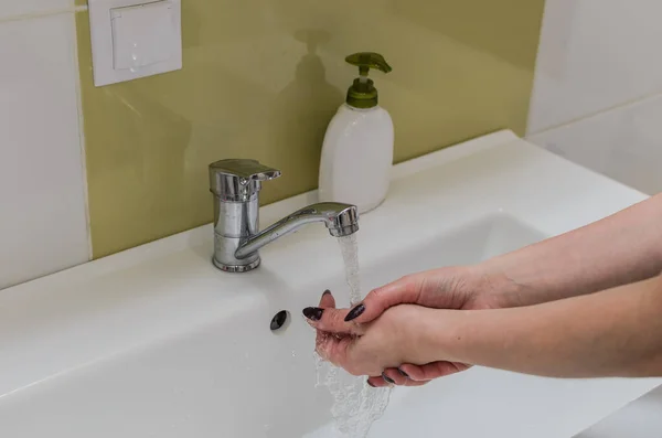 Woman Washes Hands Liquid Antibacterial Soap Washbasin — Stock Photo, Image