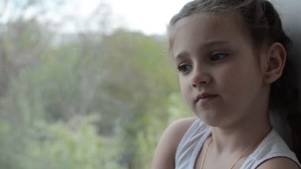 Маленькая Девочка Смотрит Окно Ест Зефир — стоковое видео