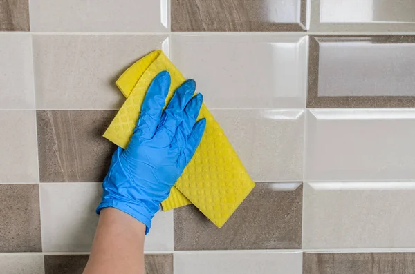 Housemaid Protective Gloves Washes Ceramic Tile Wall Yellow Rag — Stock Photo, Image