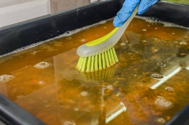 Hizmetçi bulaşık deterjanıyla yemek tabağını yıkıyor.