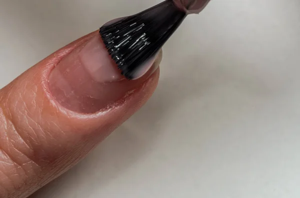 Woman paints nails with nail polish while doing manicure