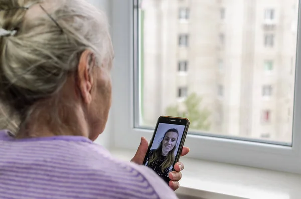 Elderly Woman Talking Video Calling Smartphone Her Young Daughter Lockdownart Stock Image
