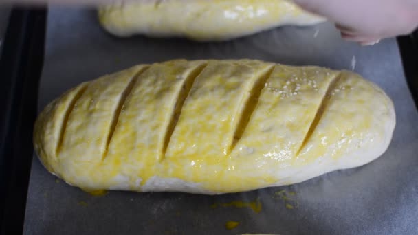 Chef Polvilha Sementes Gergelim Uma Massa Crua Pão Cozinha — Vídeo de Stock