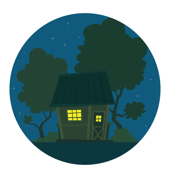 Marco redondo de la noche, linda pequeña casa amarilla brillante — Archivo Imágenes Vectoriales