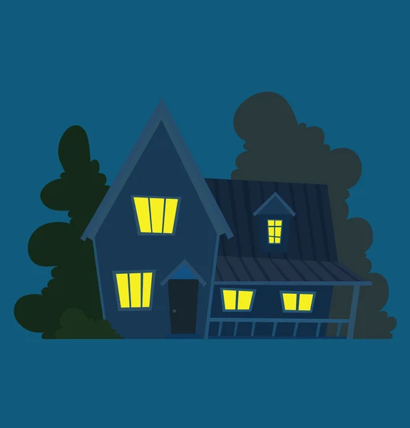 可爱的明亮的蓝色房子在夜晚的背景 — 图库矢量图片