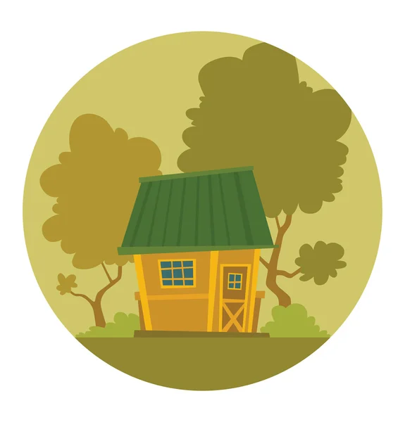 Kulatý rám, roztomilý malý jasně žlutý dům — Stockový vektor