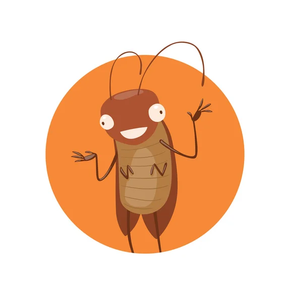 Round orange frame, funny brown cockroach standing and smiling — Stock Vector