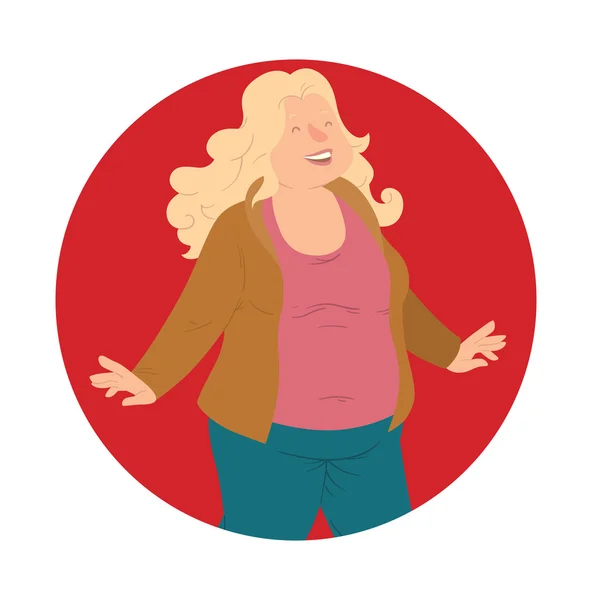 Runder Rahmen, glückliche übergewichtige Frau mit langen welligen blonden Haaren — Stockvektor