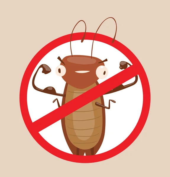 Crossed-out sign, funny brown cockroach showing the biceps — Stock Vector