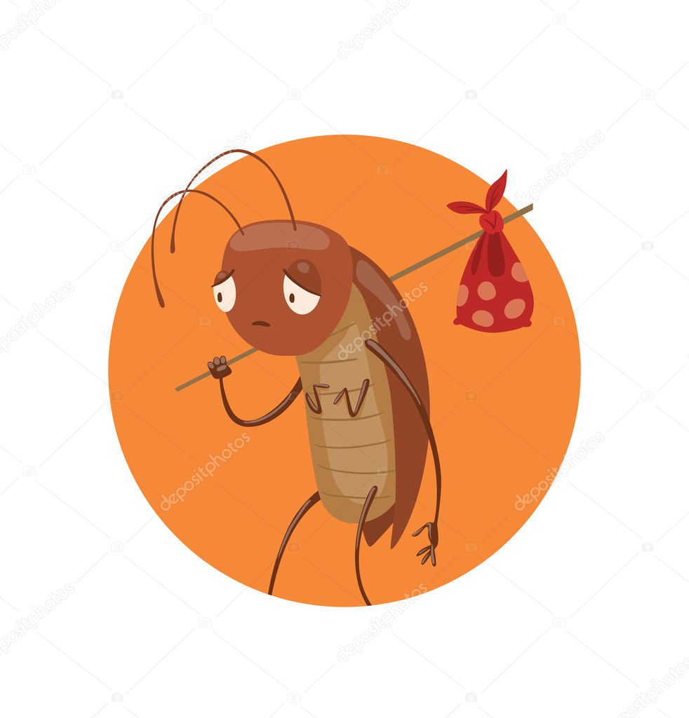 Round orange frame, funny brown cockroach with a knapsack