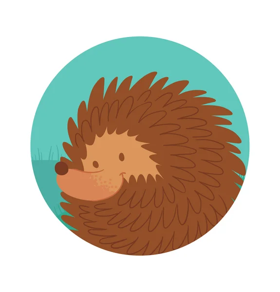 Round blue frame, cute brown hedgehog curled up into ball — Stock Vector