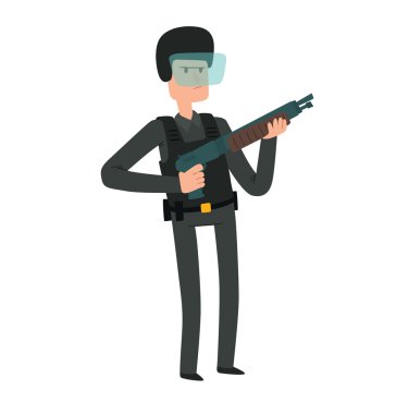 Adam polis memuru bir av tüfeği ile