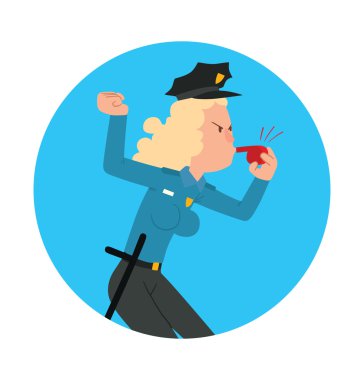 Yuvarlak mavi çerçeve, sarı saçlı kadın polis memuru