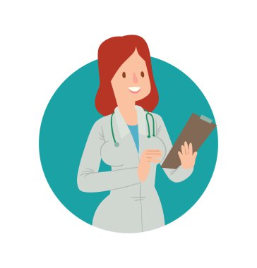 Yuvarlak mavi çerçeve, kırmızı saçlı kadın doktor