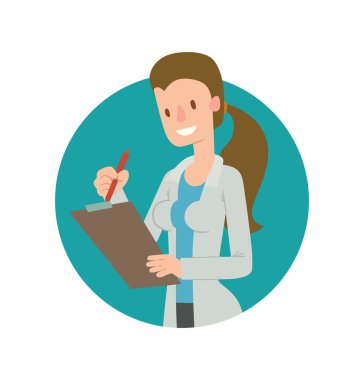 Yuvarlak mavi çerçeve, uzun kahverengi saçlı kadın doktor