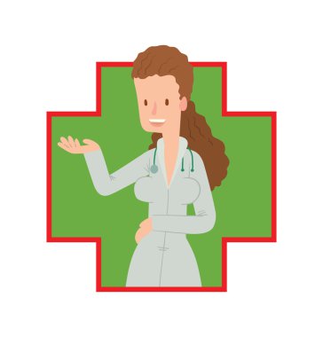 Yeşil-kırmızı çerçeve, uzun dalgalı kahverengi saçlı kadın doktor