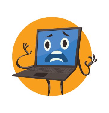 Yuvarlak turuncu çerçeve, onun fac üzerinde korkmuş ifade ile dizüstü bilgisayar